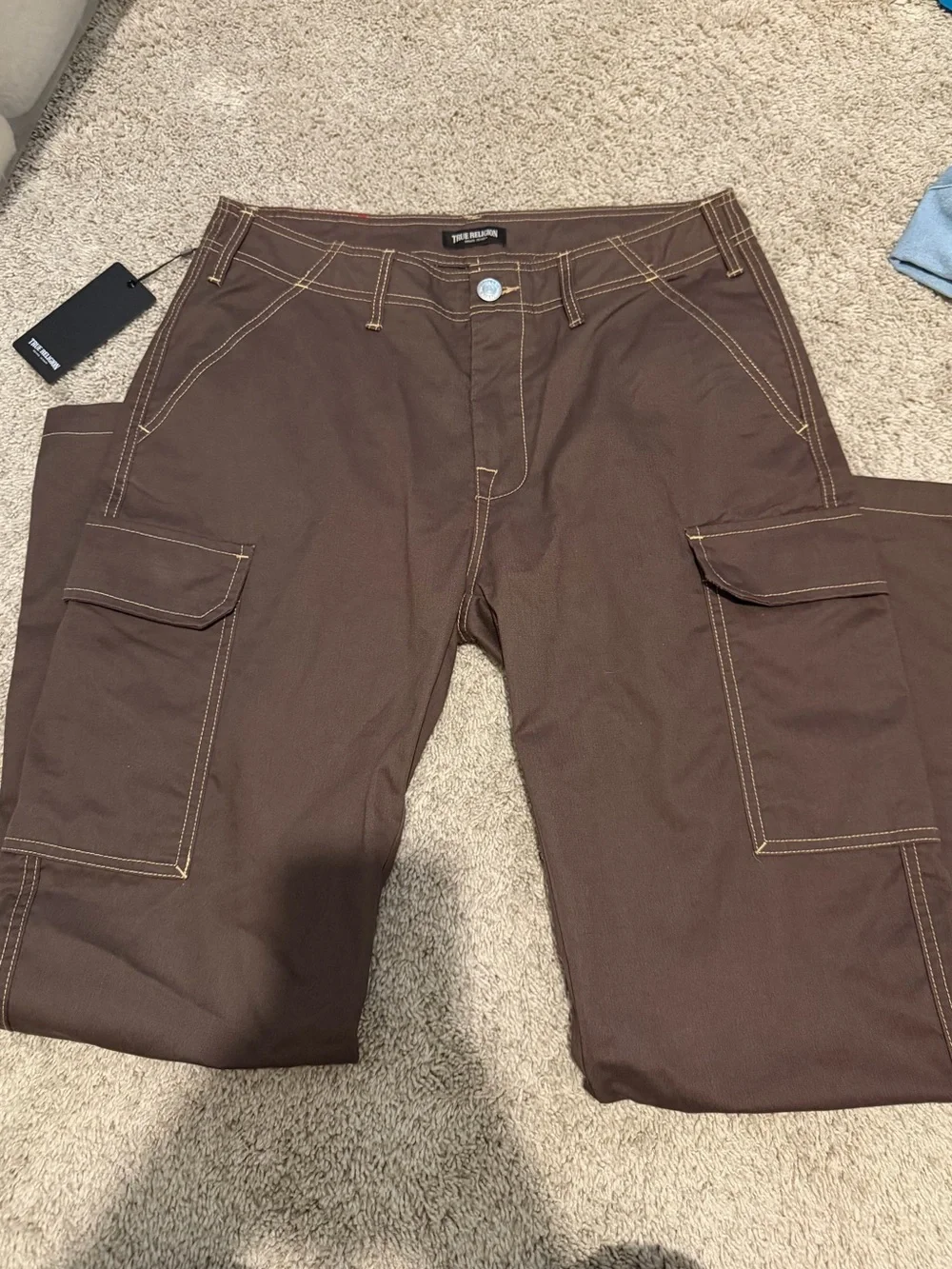 True Religion Brown Cargo Pants with Contrast Stitching